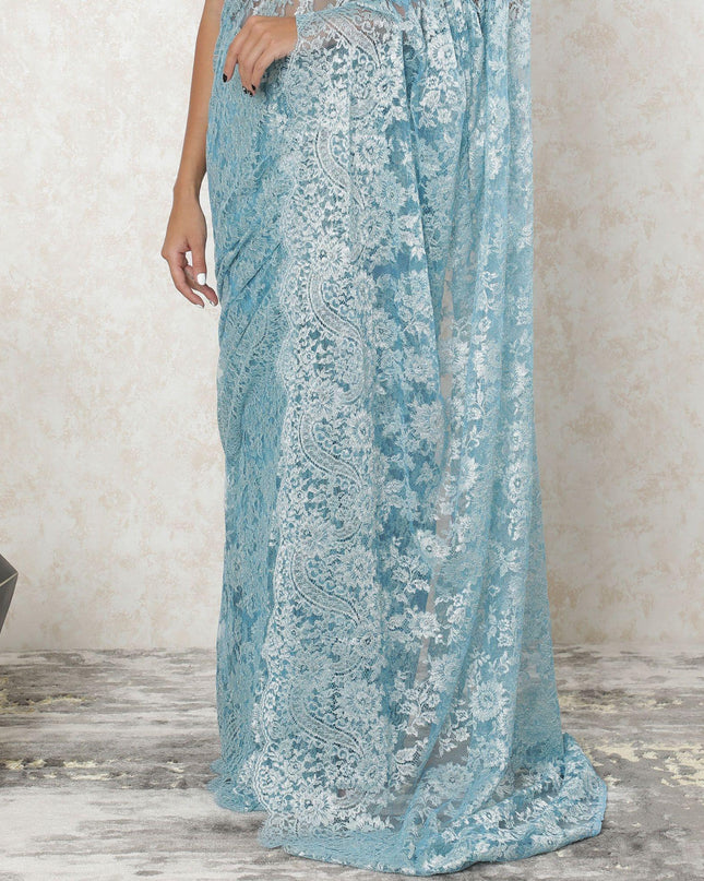 Baby blue, silver Premium metallic French chantilly saree ace in floral design-D10918