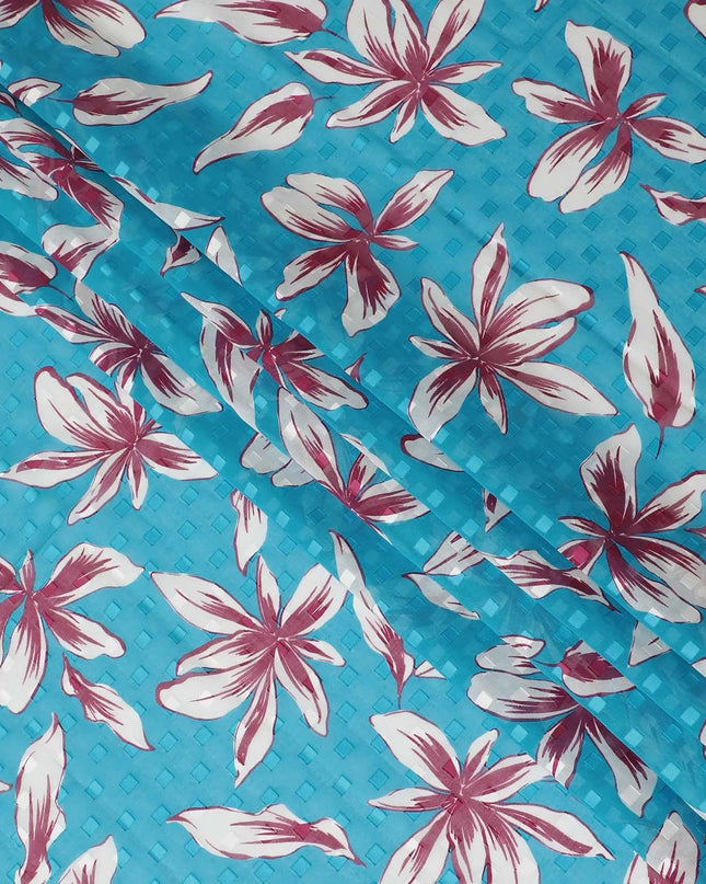 Sky blue Premium 100% swiss cotton voile (Sudanese Thobe) fabric with same tone clip cord having off white and cerise pink print in floral design-D13539 Regal Fabrics