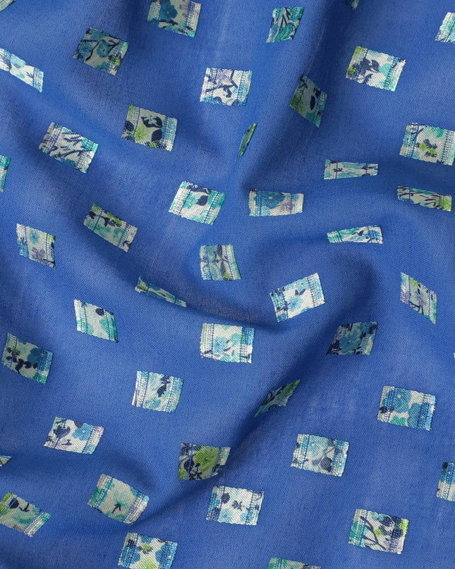 ثوب فوال من القطن السويسري الفاخر باللون الأزرق الملكي مع تطريز جاكار متعدد الألوان بتصميم سلك مشبك-D11631