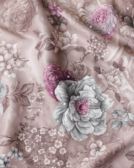 Light brown synthetic crepe fabric with multicolor print having stone work in floral design-D15311