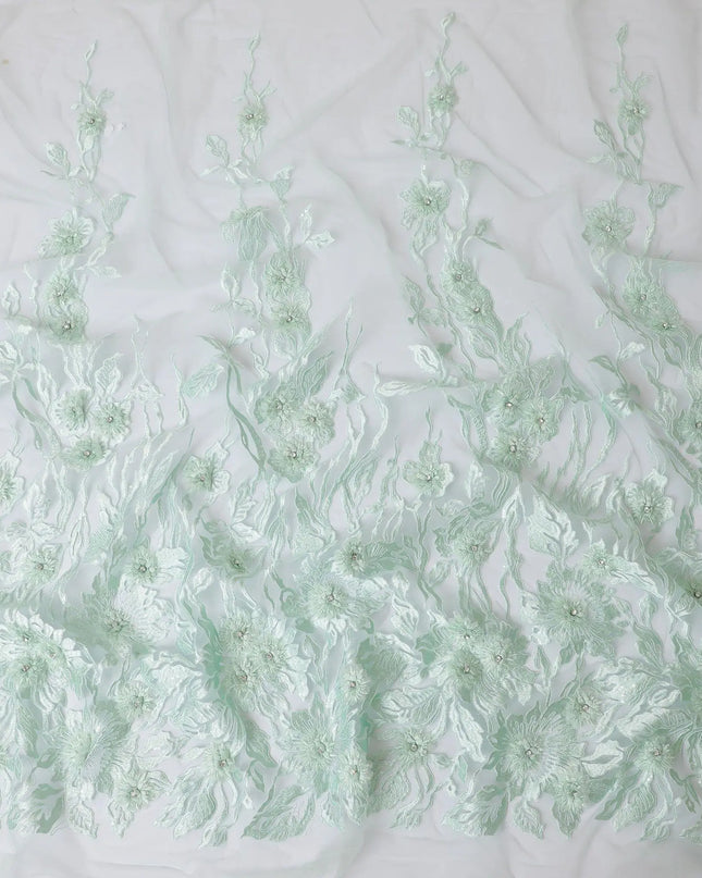 Mint green nylon tulle fabric with same tone embroidery having stone work in floral design-D11708 Regal Fabrics
