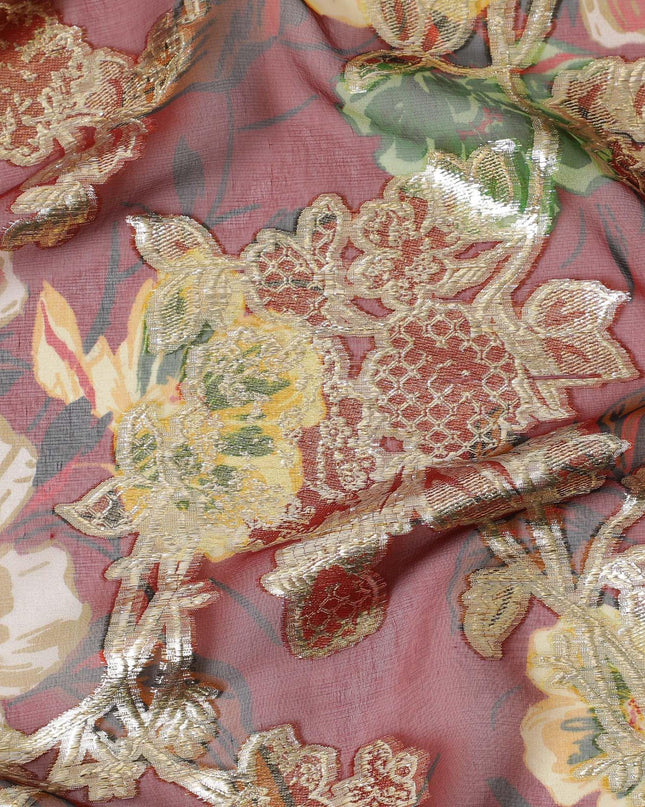Barn red Premium pure silk chiffon fabric with multicolor print and gold metallic lurex in floral design-D14294