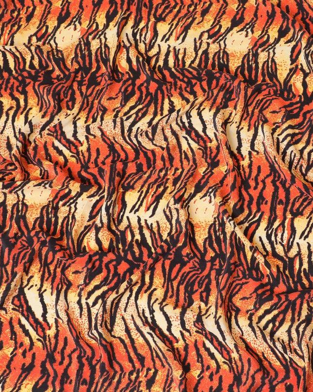 Beige premium pure silk crepe fabric with orange and black print in animal skin design-D9389