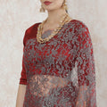 Red, Coin grey Premium pure 2tone French chantilly lace saree having stone work in floral design-D14511