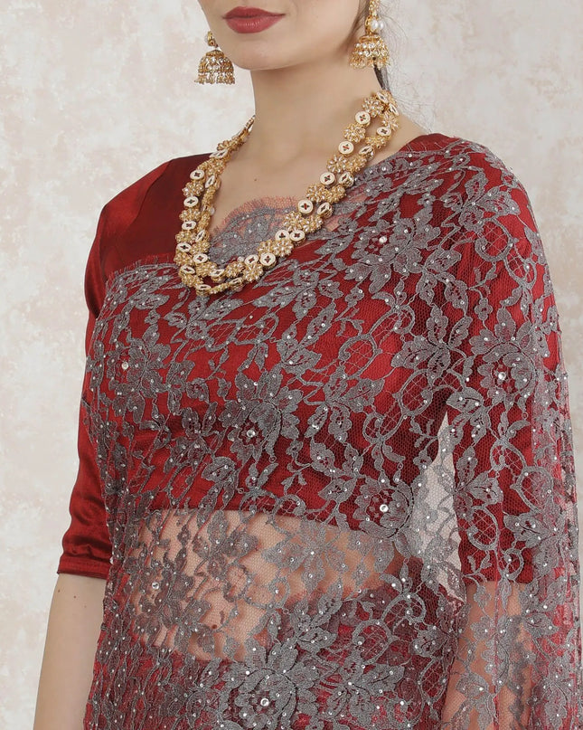 Red, Coin grey Premium pure 2tone French chantilly lace saree having stone work in floral design-D14511 Regal Fabrics
