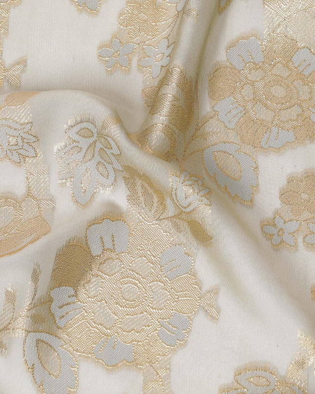 Beige Premium pure French (Fransawi) silk chiffon fabric with grey viscose and gold metallic in floral design-D14276