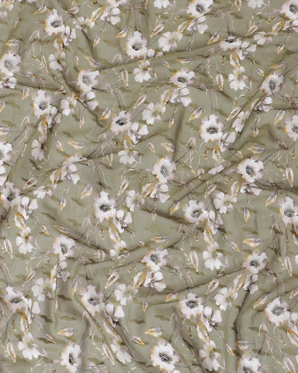 Olive green cotton voile fabric with brown, off white and mustard yellow print in floral design-D10745 Regal Fabrics