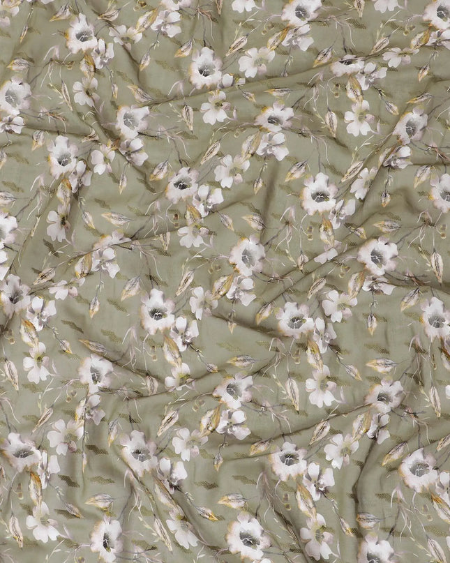Olive green cotton voile fabric with brown, off white and mustard yellow print in floral design-D10745 Regal Fabrics