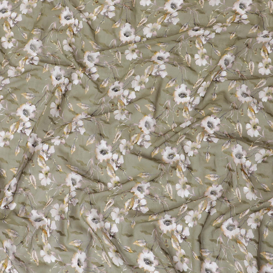 Olive green cotton voile fabric with brown, off white and mustard yellow print in floral design-D10745 Regal Fabrics