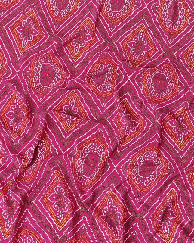Magenta pink silk crepe fabric with olive green, white and mustard print in abstract design-D6427 Regal Fabrics