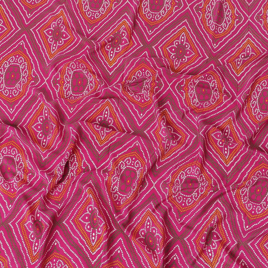 Magenta pink silk crepe fabric with olive green, white and mustard print in abstract design-D6427