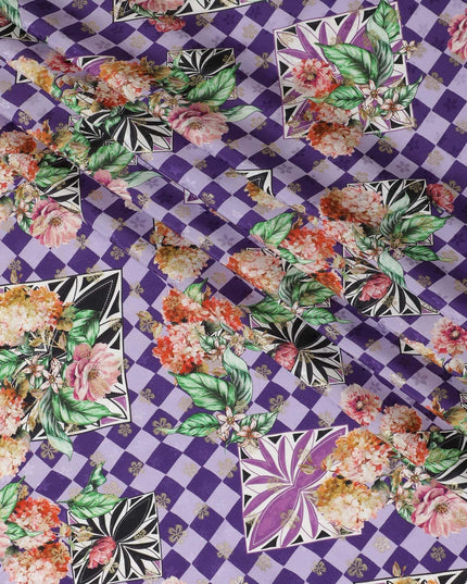Light lavender, purple Premium pure Italian silk satin fabric with multicolor print having gold metallic lurex in floral design-D10592