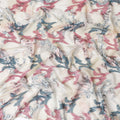 Latte beige synthetic chiffon fabric with multicolor print having cerise pink, silver and blue metallic lurex in abstract design-D9674