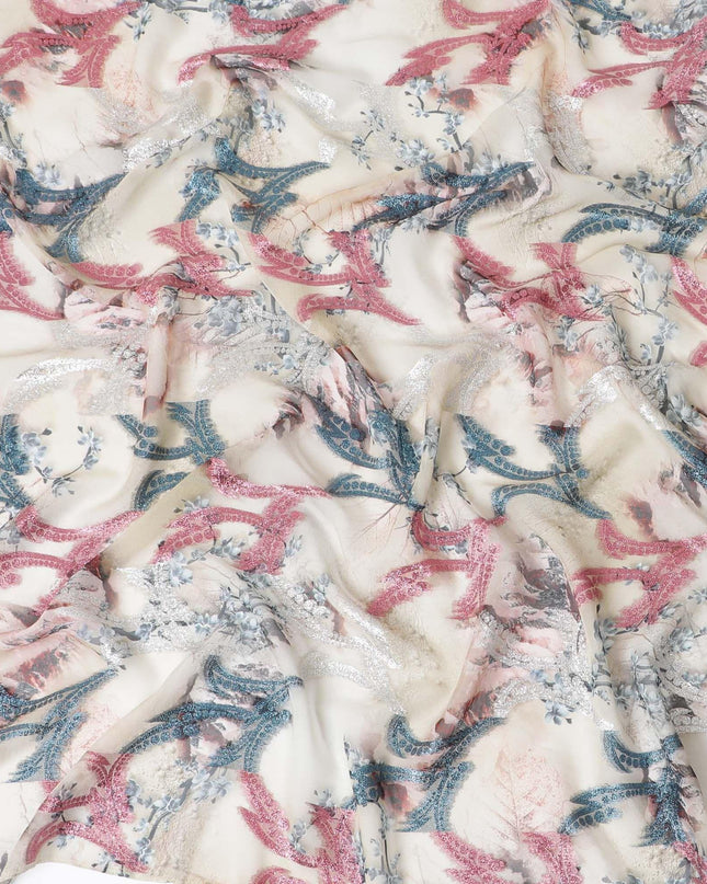 قماش شيفون صناعي بيج لاتيه مع طباعة متعددة الألوان مع لوريكس معدني وردي وفضي وأزرق بتصميم تجريدي -D9674