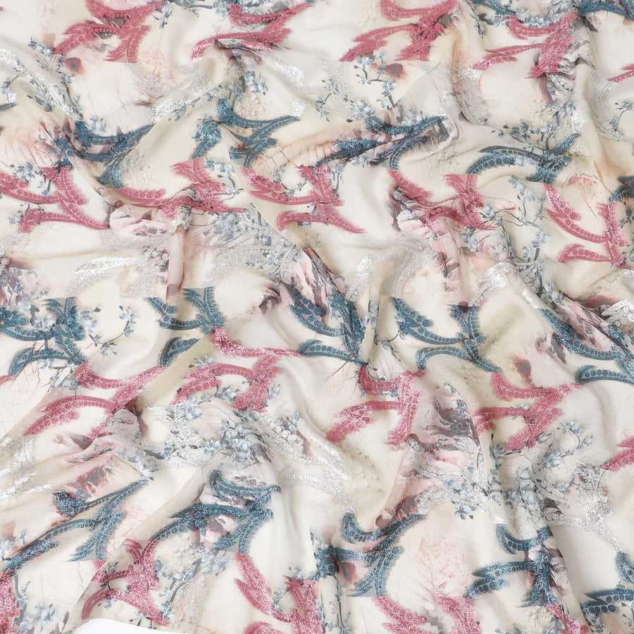 Latte beige synthetic chiffon fabric with multicolor print having cerise pink, silver and blue metallic lurex in abstract design-D9674
