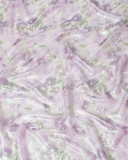 Light lilac Premium pure silk chiffon fabric with multicolor print having neon green metallic lurex in floral design-D15467