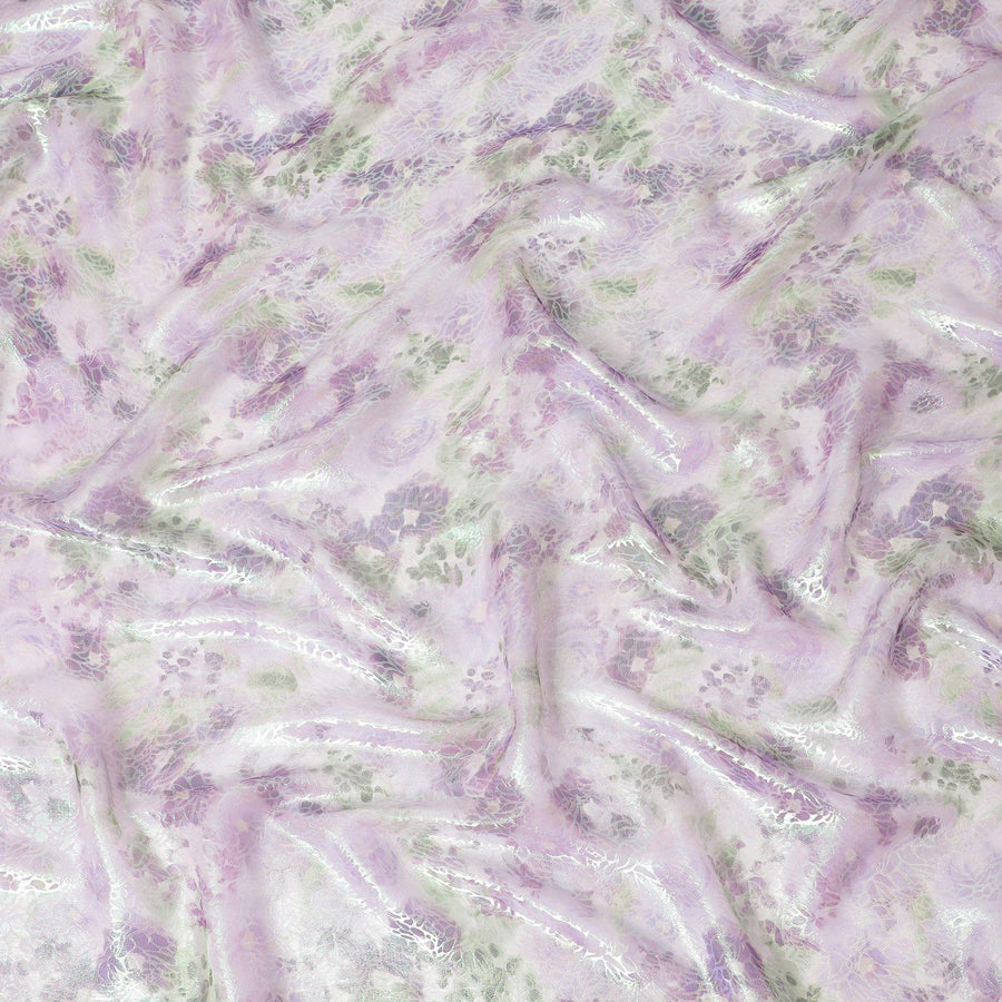 Light lilac Premium pure silk chiffon fabric with multicolor print having neon green metallic lurex in floral design-D15467
