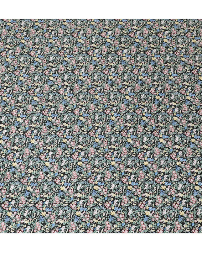 Black cotton lawn fabric with multicolor print in floral design-D15223
