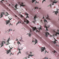 Brick pink synthetic satin fabric with off white, bottle green and beige print in floral design-D10273
