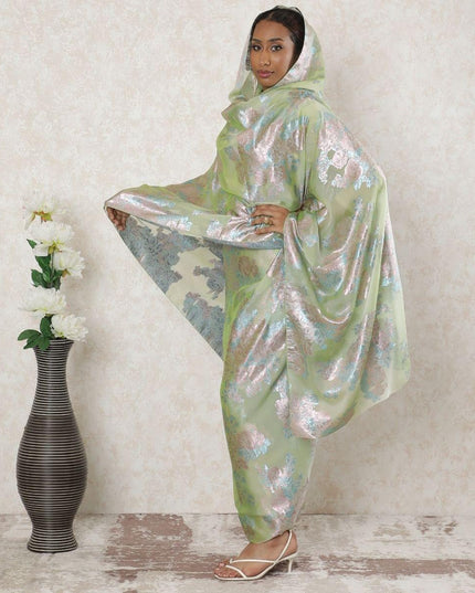 Mint green Premium Pure French (Fransawi) silk chiffon thobe with pale brown and baby blue metallic lurex in floral design-D14370 Regal Fabrics