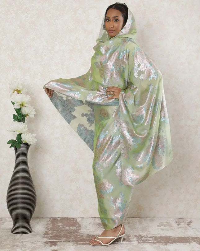 Mint green Premium Pure French (Fransawi) silk chiffon thobe with pale brown and baby blue metallic lurex in floral design-D14370 Regal Fabrics