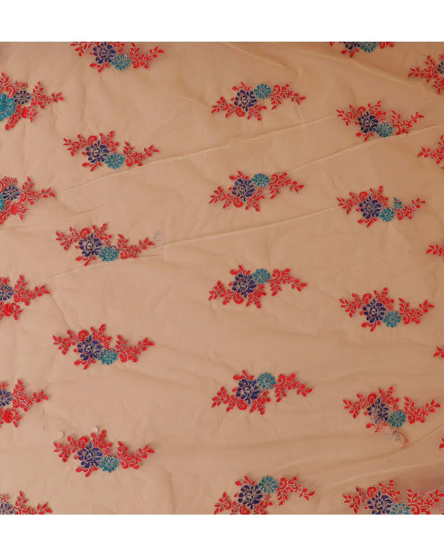 Gold nylon tulle fabric with royal blue, scarlet red and teal blue and gold embroidery in floral design-D9182 Regal Fabrics