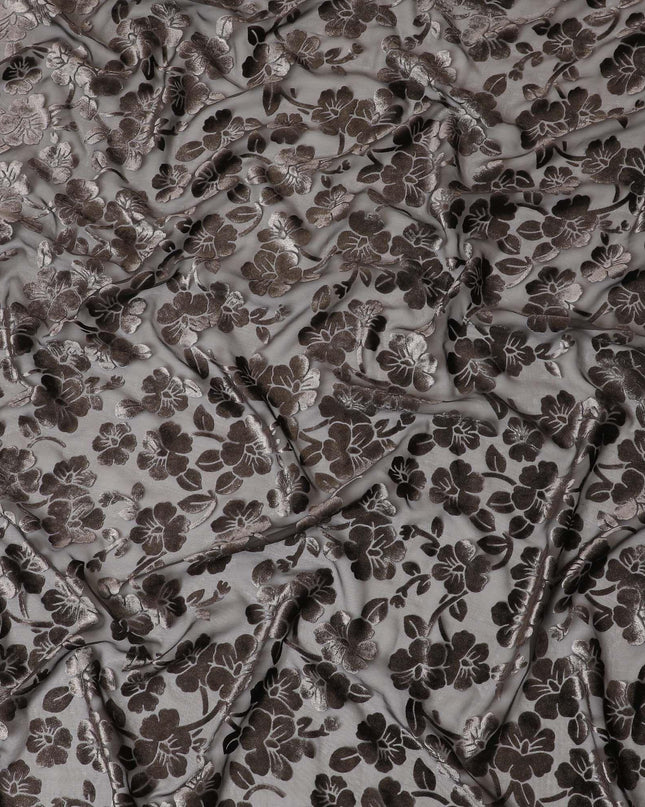 Black silk chiffon dirac (makmal) fabric with brown, gold velvet jacquard in floral design-D8649