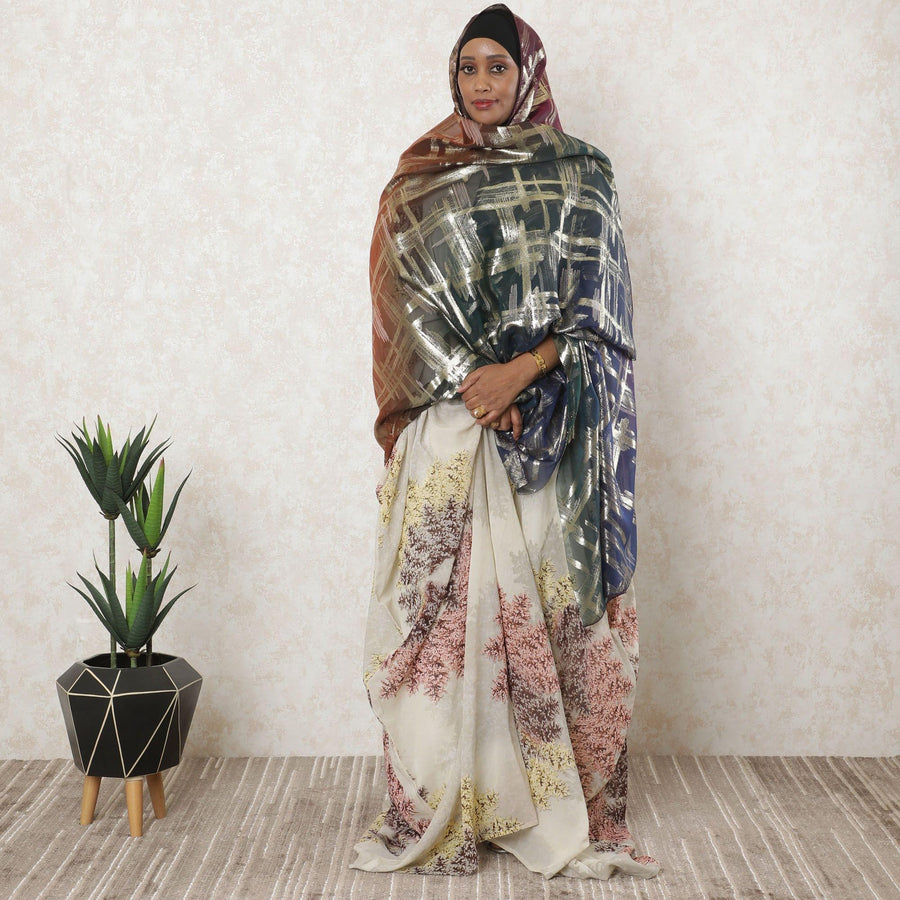 غارباسار شيفون حرير فرنسي (فرانساوي) فاخر متعدد الألوان مع لوركس معدني ذهبي بتصميم زهور-D11556