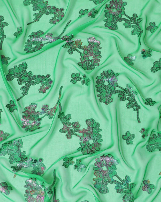 قماش شيفون حريري نقي فاخر باللون الأخضر الغاب مع لوركس معدني متعدد الألوان بتصميم زهور -D9662