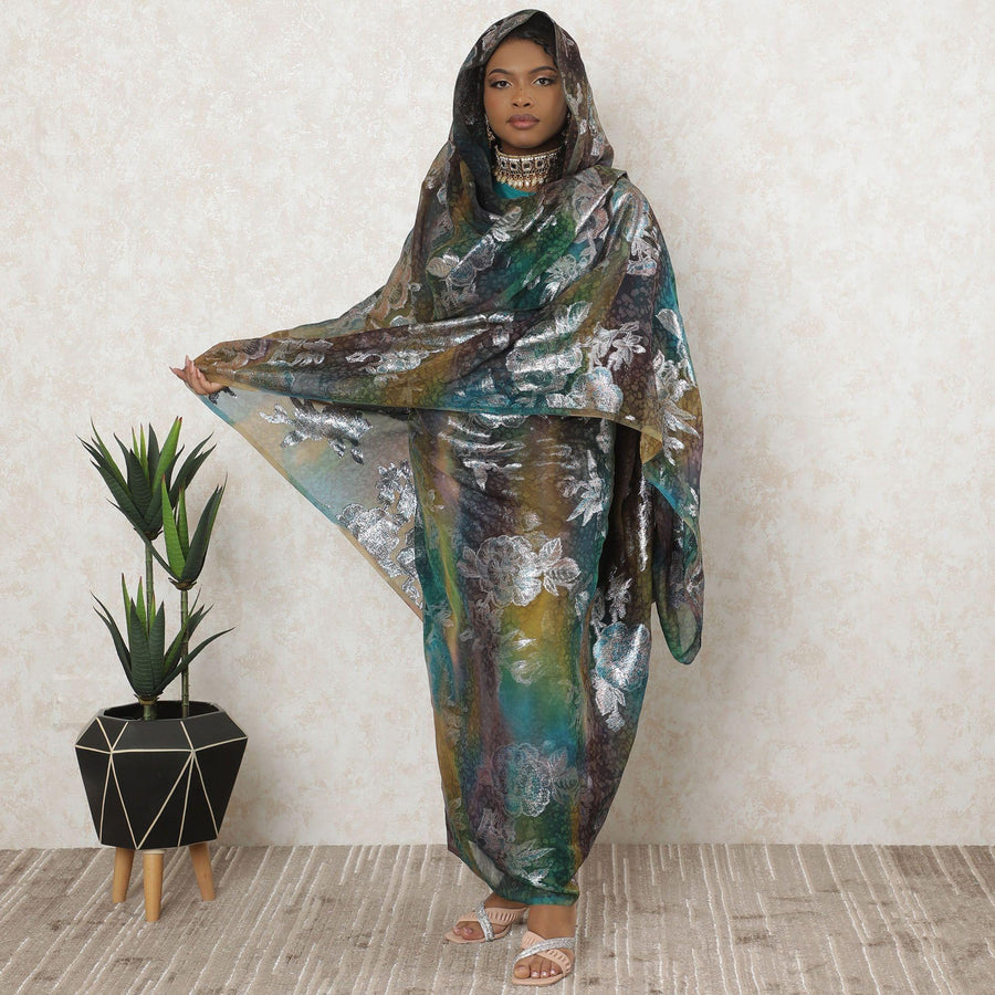 ثوب شيفون حرير خالص فاخر متعدد الألوان مع لوريكس معدني بنفس اللون بتصميم زهور-D11648