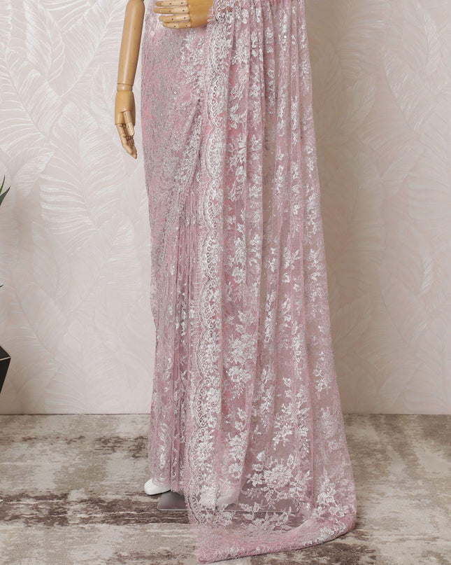 Baby pink, silver Premium pure French metallic chantilly lace saree in floral design-D15541