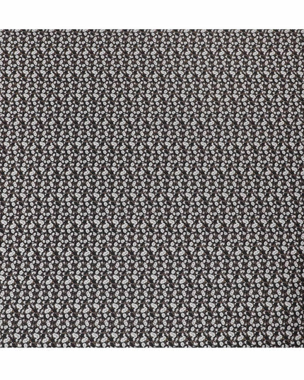 Black cotton fabric with white and meindi green print in floral design-D14842