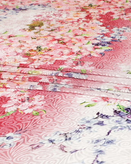 White Premium Italian silk chiffon dirac with multicolor print having same tone velvet jacquard in floral design-D8689 Regal Fabrics