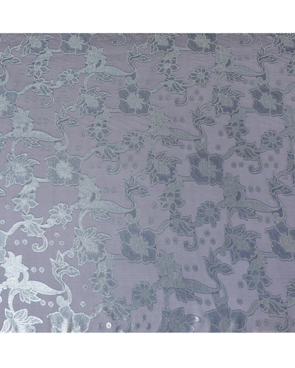 Blue Premium French (Fransawi) pure silk chiffon fabric with silver metallic lurex in floral design-D8331