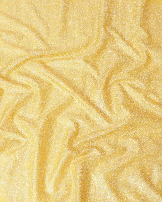 Mustard yellow tussar silk fabric with off white embroidery in fancy design-D6436 Regal Fabrics