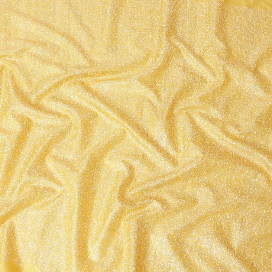 Mustard yellow tussar silk fabric with off white embroidery in fancy design-D6436