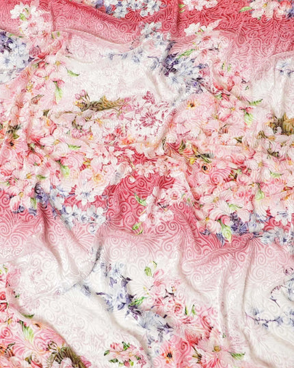 White Premium Italian silk chiffon dirac with multicolor print having same tone velvet jacquard in floral design-D8689 Regal Fabrics