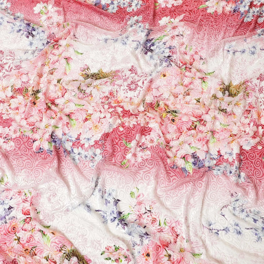 White Premium Italian silk chiffon dirac with multicolor print having same tone velvet jacquard in floral design-D8689 Regal Fabrics