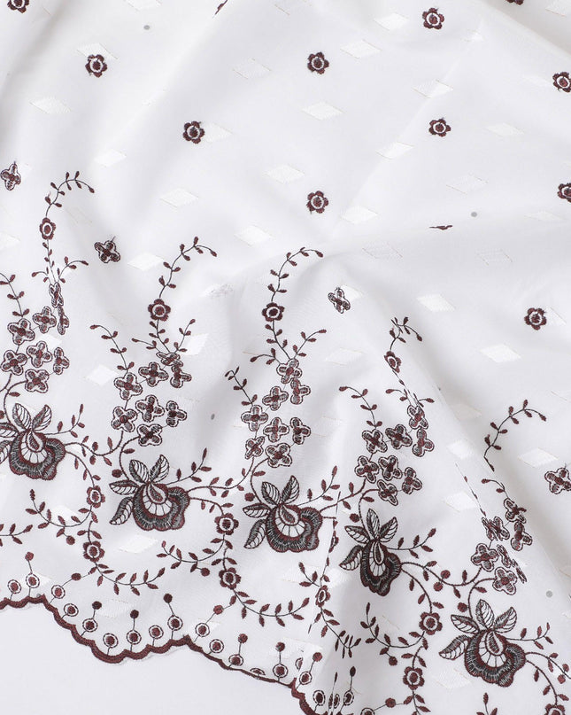 White Premium Swiss cotton voile thobe with same tone and maroon embroidery in floral design having stone work-D11626