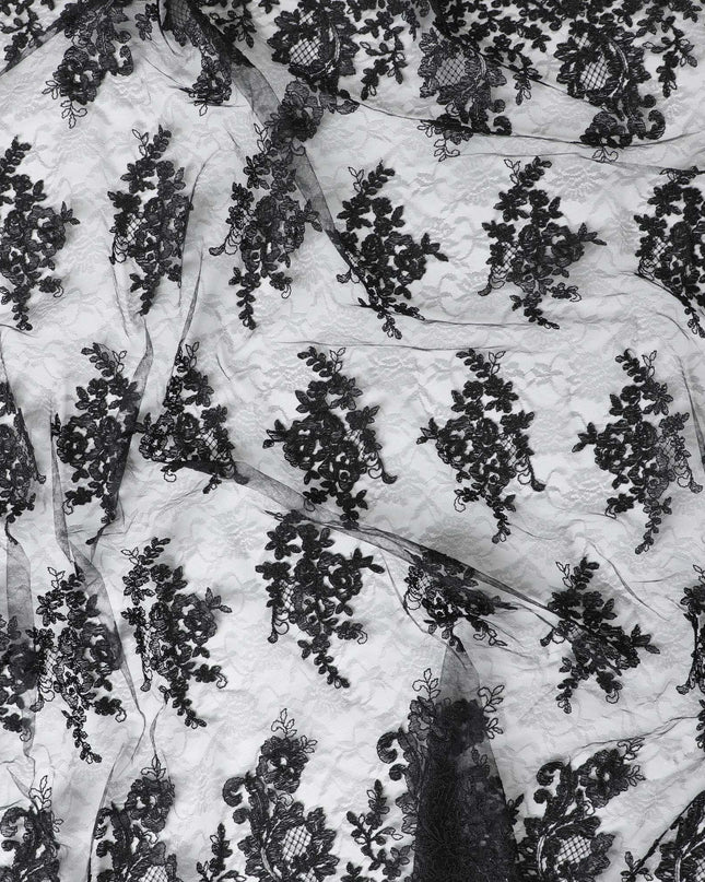 Black nylon tulle fabric with same tone embroidery in fancy design-D5970