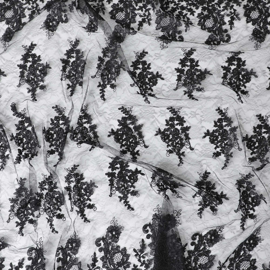 Black nylon tulle fabric with same tone embroidery in fancy design-D5970 Regal Fabrics