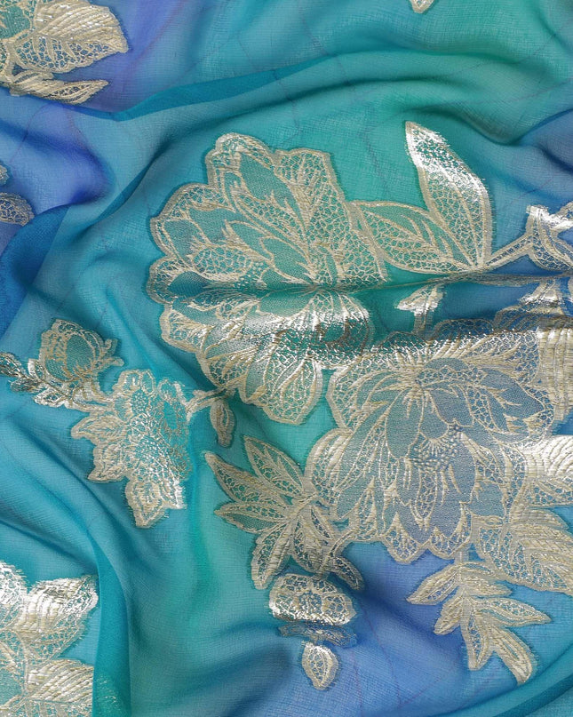 قماش شيفون من الحرير الخالص باللون الأزرق المحيطي مع طباعة يدوية متعددة الألوان مع لوريكس معدني ذهبي بتصميم فاخر-D10415