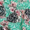 Turquoise green Premium Italian Silk chiffon dirac (makmal) fabric with multicolor print having velvet jacquard in floral design-D8696 Regal Fabrics