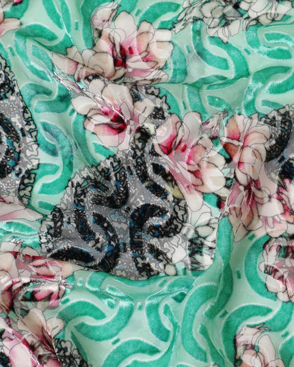 Turquoise green Premium Italian Silk chiffon dirac (makmal) fabric with multicolor print having velvet jacquard in floral design-D8696 Regal Fabrics
