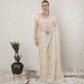 Beige, Light gold Premium two tone French chantilly lace saree in floral design-D11455
