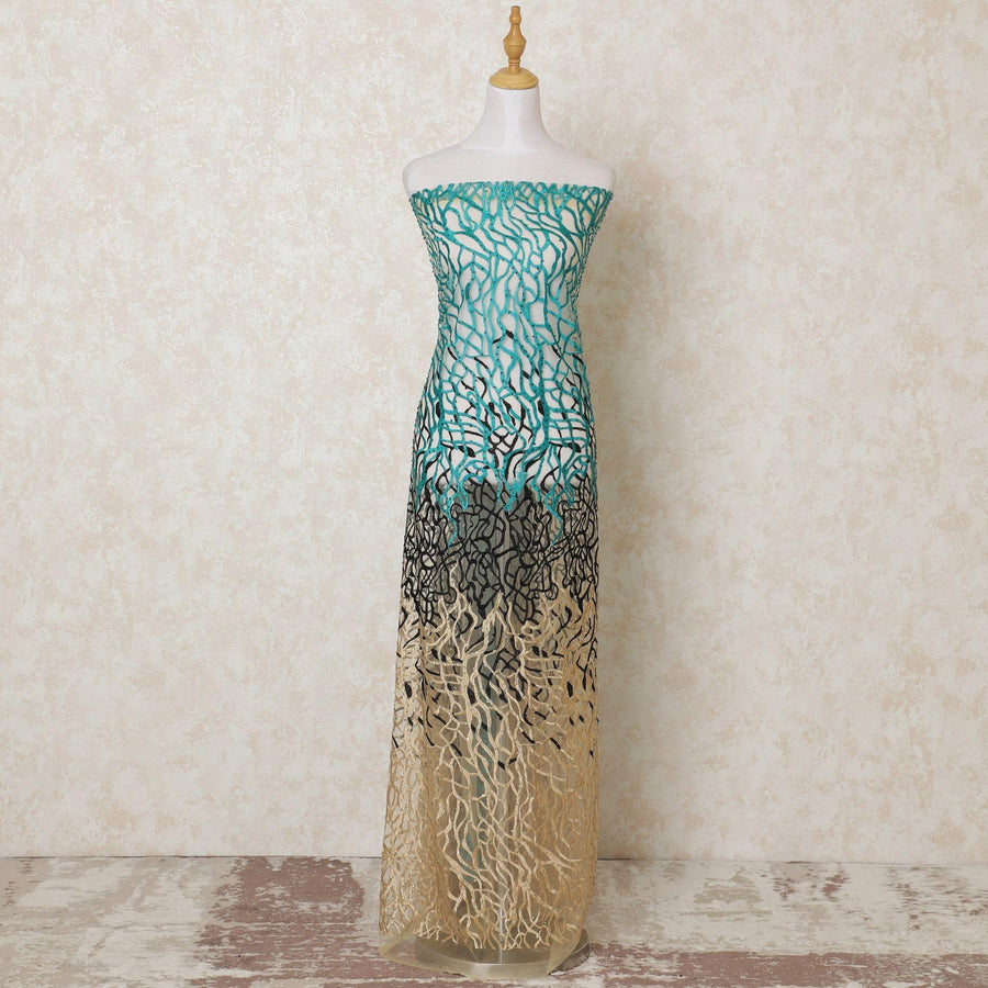 Gold nylon tulle fabric with turquoise blue embroidery having stone work in fancy design-D13926