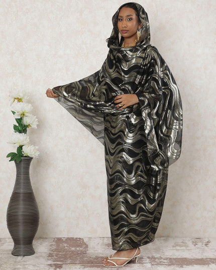Black Premium pure French (Fransawi) silk chiffon thobe with same tone viscose and gold metallic lurex in abstract design-D14373