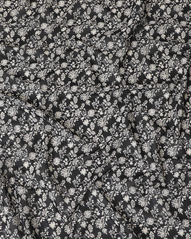 Black cotton voile fabric with beige print in floral design-D15145