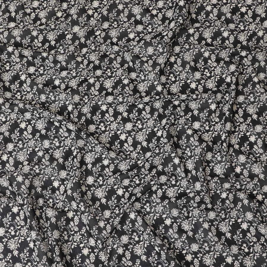 Black cotton voile fabric with beige print in floral design-D15145
