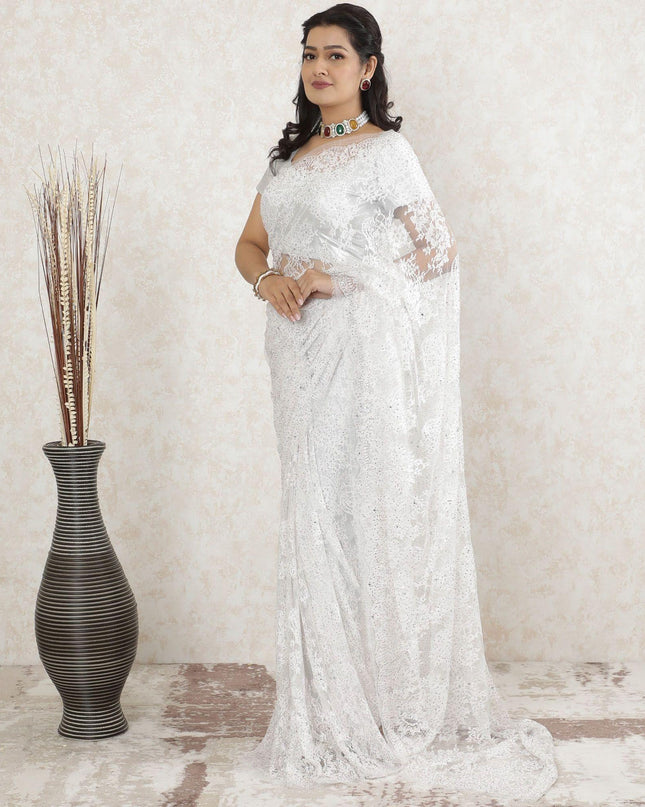 White Premium Pure French chantilly lace saree having stone work in floral design-D13464